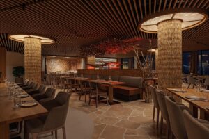 Bamboo mosaic and travertine in restaurant decoration